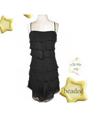 Vtg 90s Y2K Beaded Tiered Ruffle black mini, Eva Blue sz 8 goth whimsigoth alt